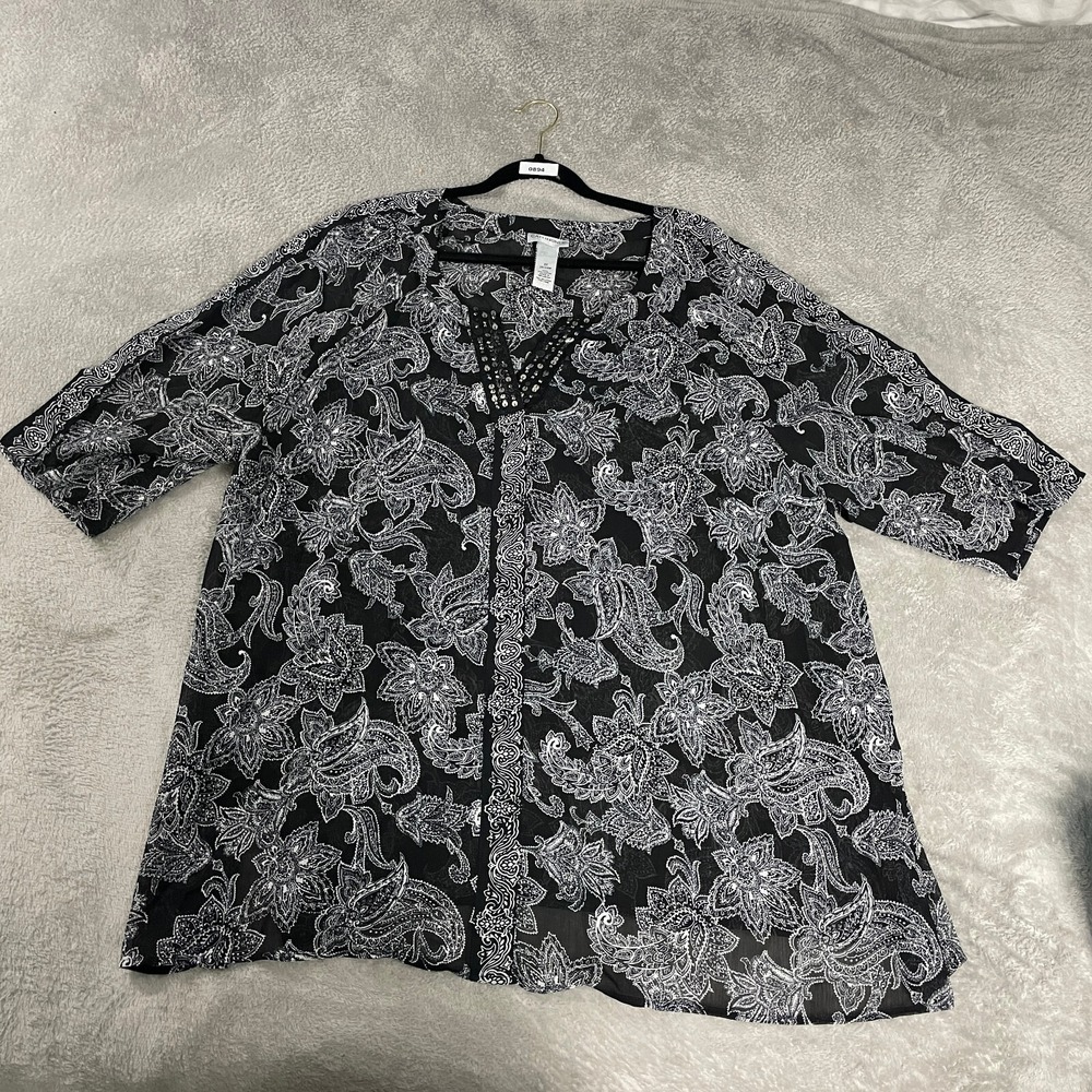 Catherines Semi Sheer Tunic Top Women 3X 26/28W Black White Floral Sequin Mature